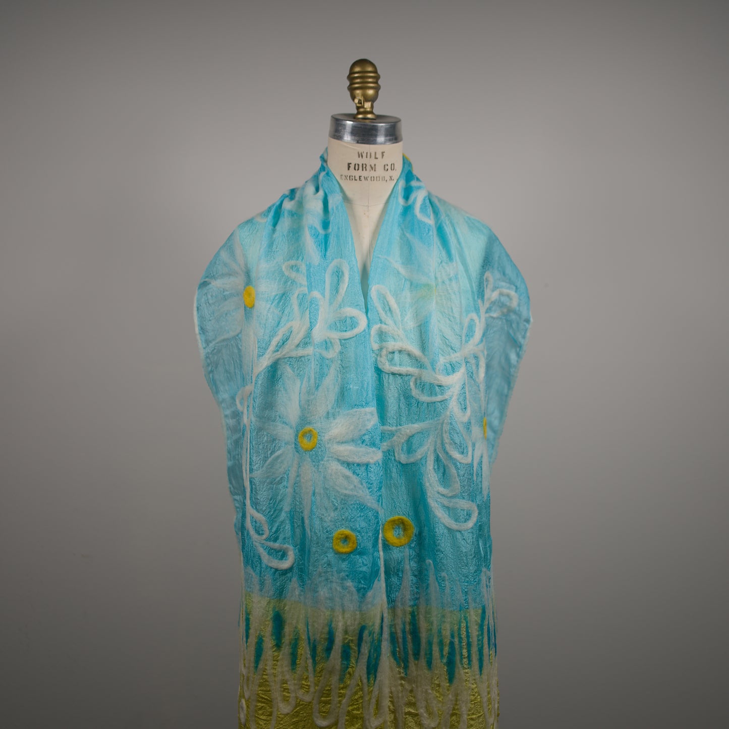 Blue and Yellow Silk Scarf with Floral Wool Ornaments