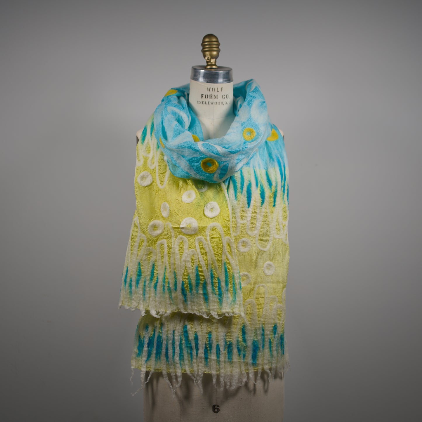 Blue and Yellow Silk Scarf with Floral Wool Ornaments