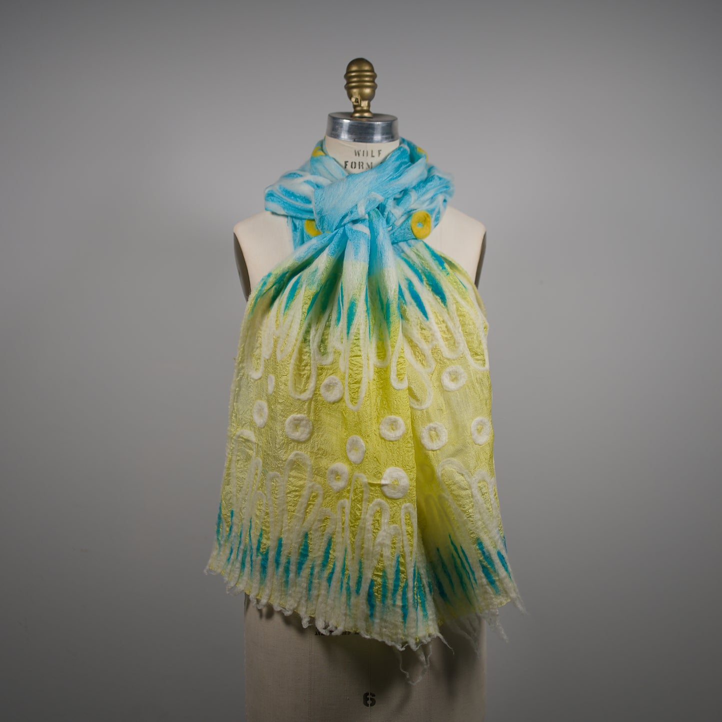 Blue and Yellow Silk Scarf with Floral Wool Ornaments
