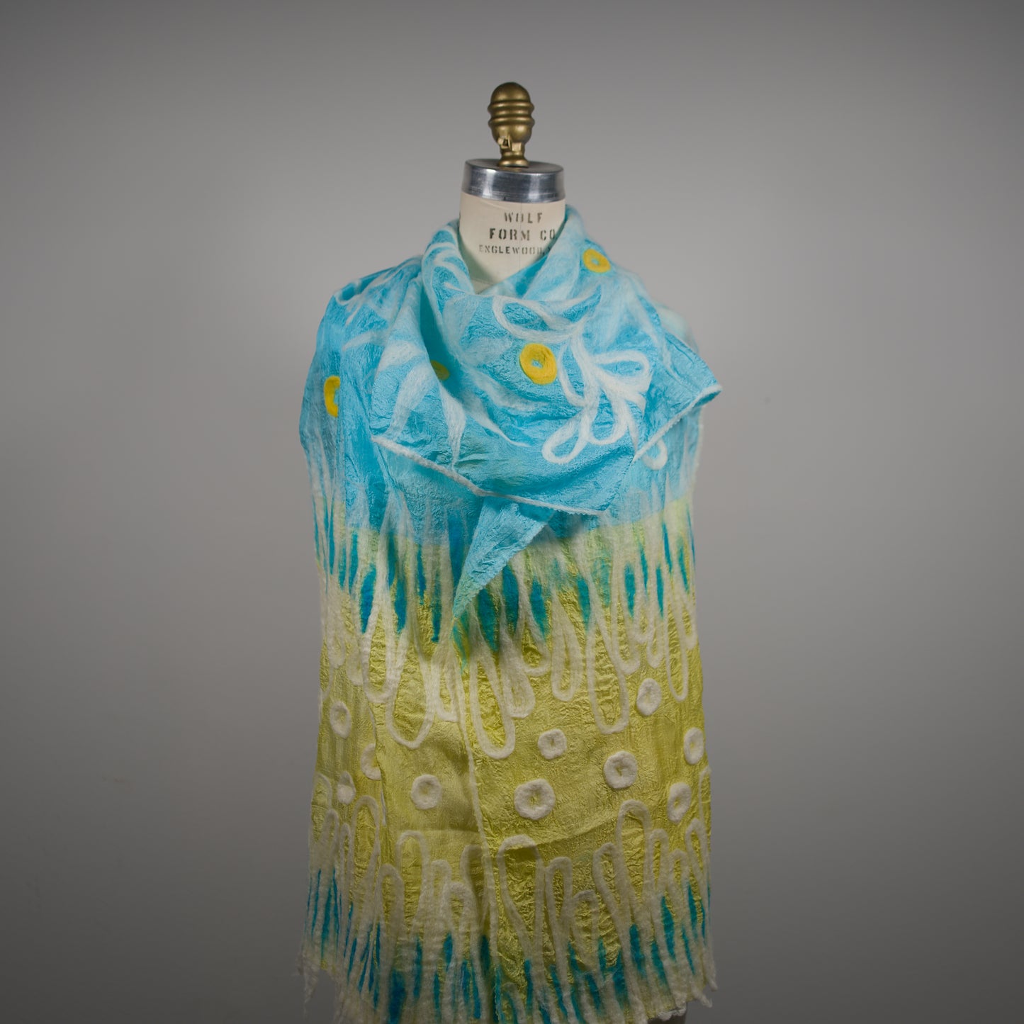 Blue and Yellow Silk Scarf with Floral Wool Ornaments