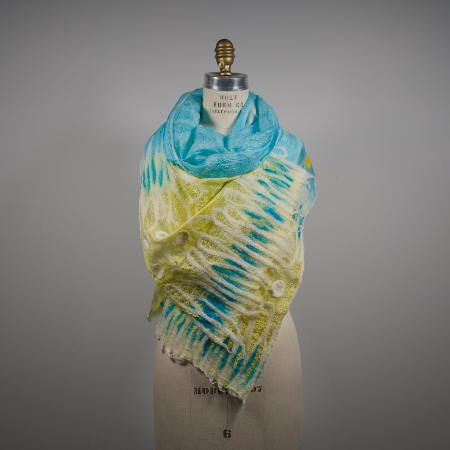 Blue and Yellow Silk Scarf with Floral Wool Ornaments
