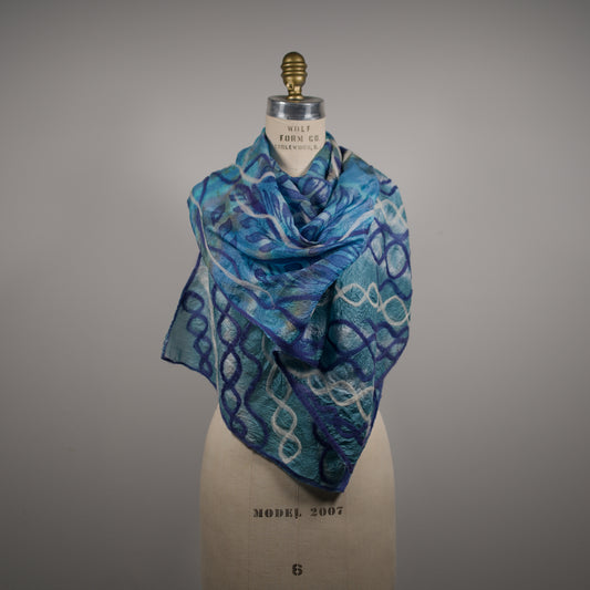 Blue Silk Scarf with Geometric Felt Pattern