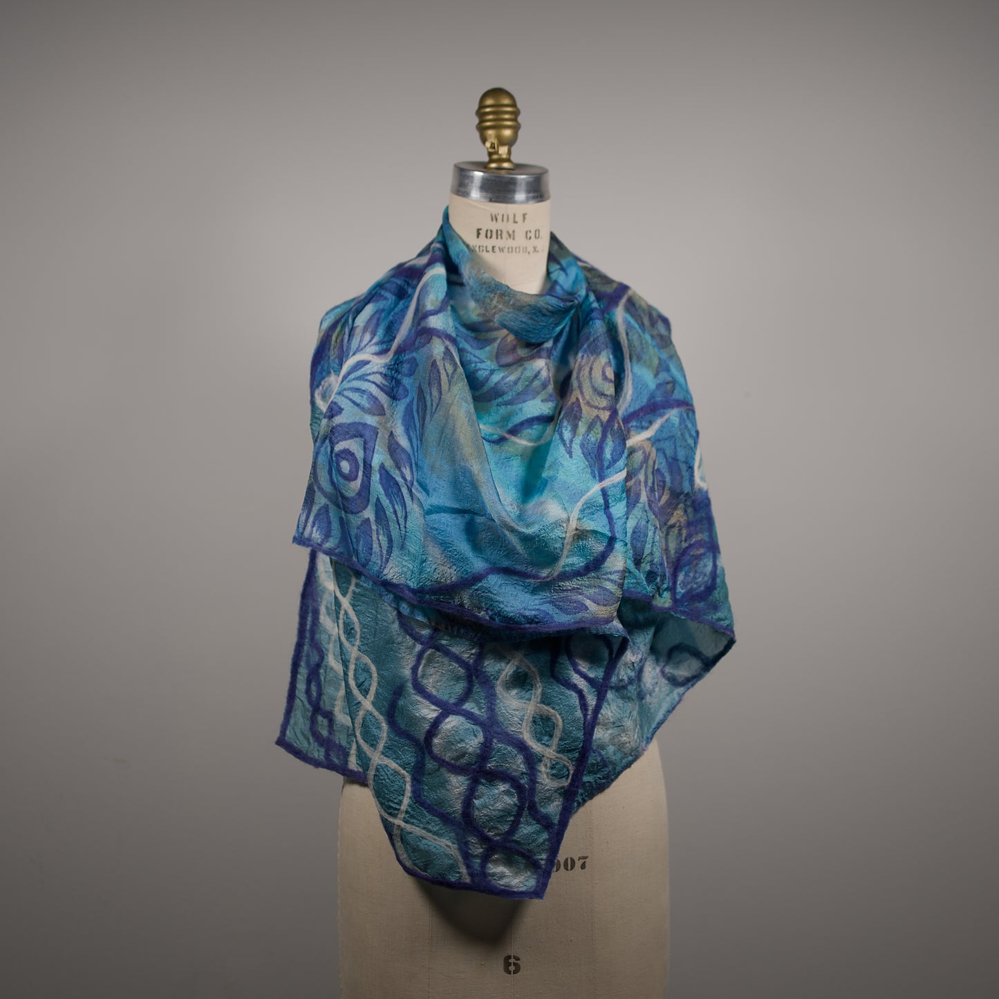 Blue Silk Scarf with Geometric Felt Pattern