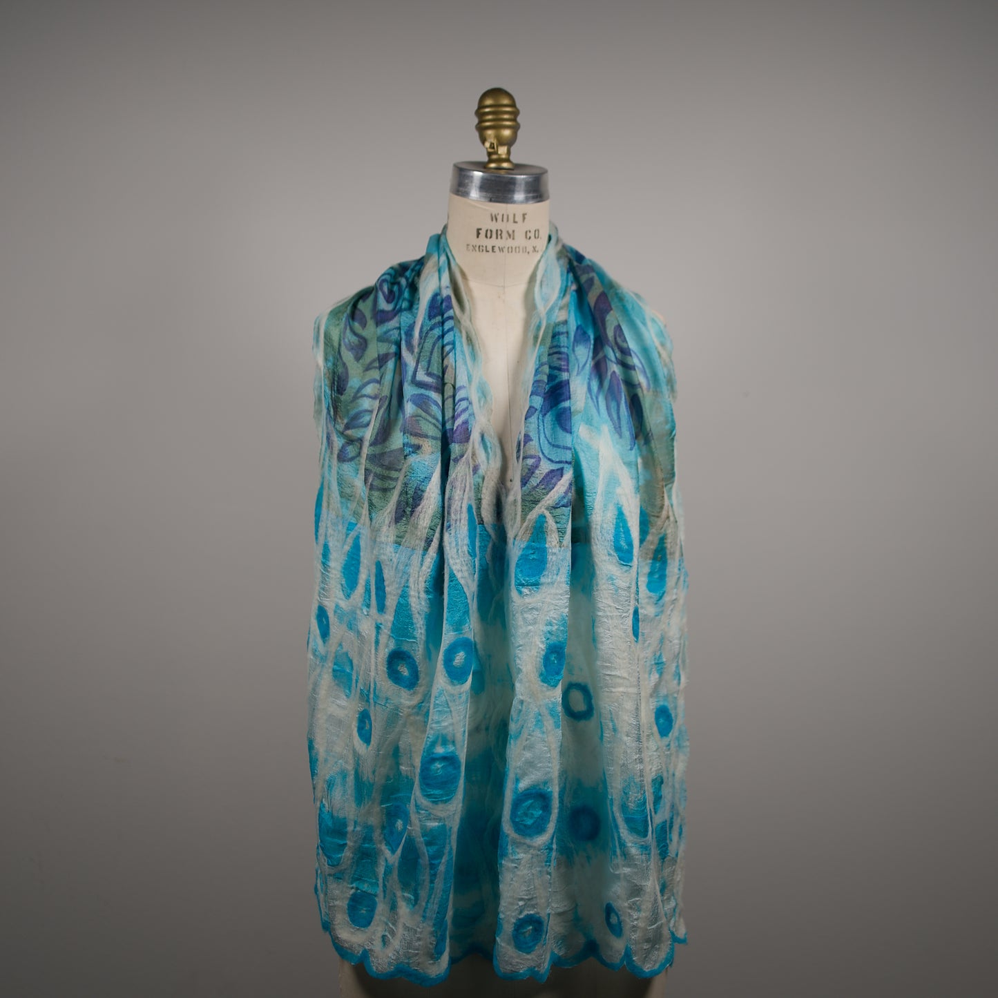 Blue and White Silk Shawl with Floral Felt Ornaments