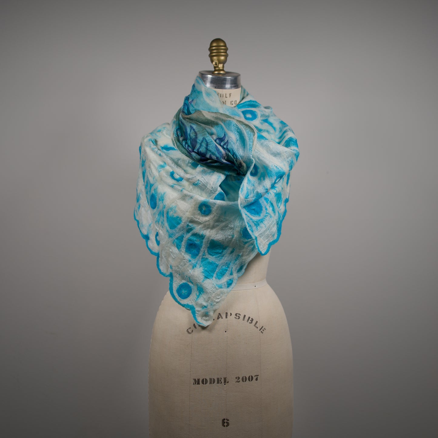 Blue and White Silk Shawl with Floral Felt Ornaments