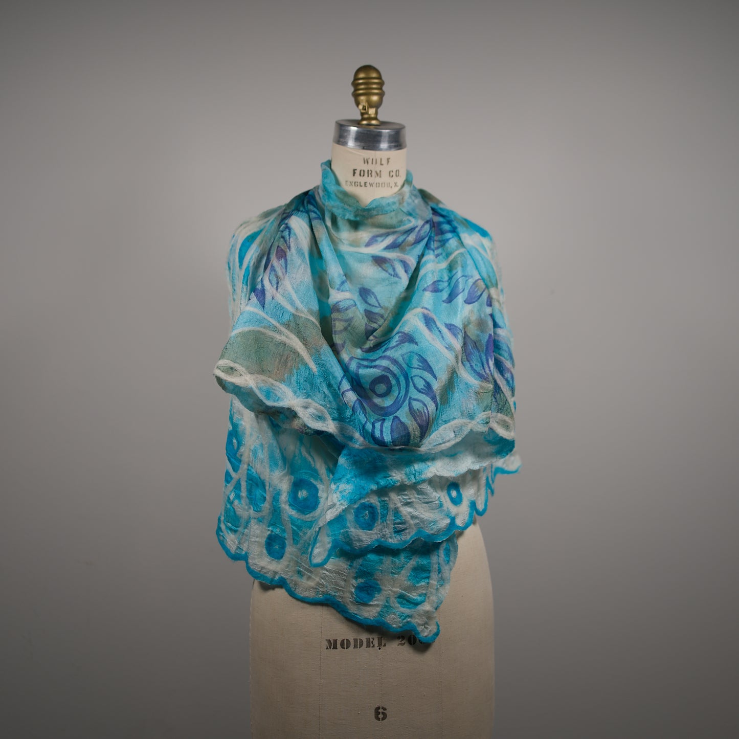 Blue and White Silk Shawl with Floral Felt Ornaments