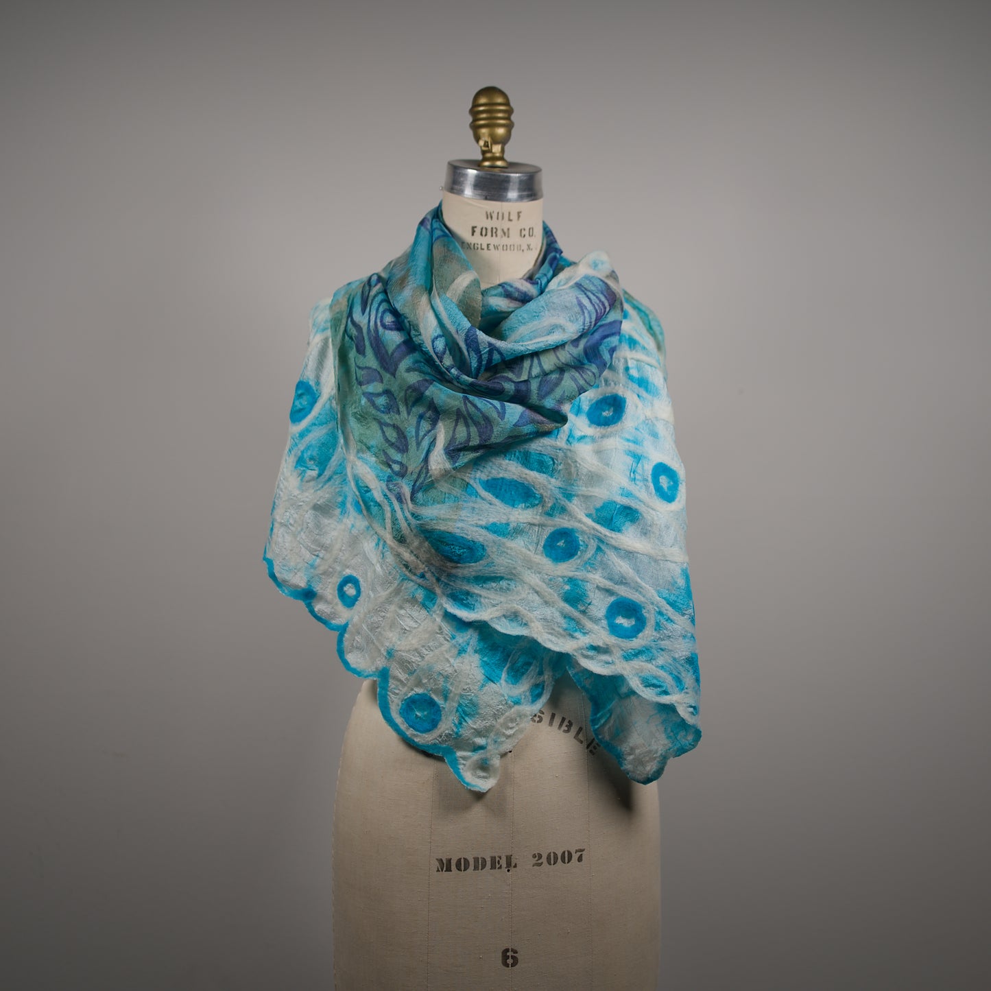 Blue and White Silk Shawl with Floral Felt Ornaments