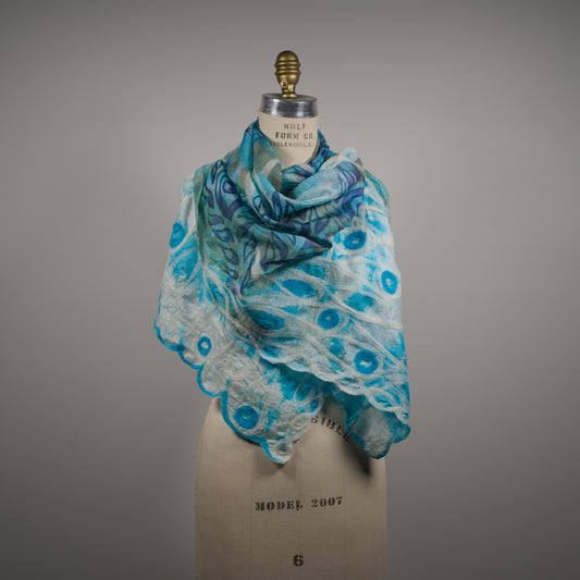 Blue and White Silk Shawl with Floral Felt Ornaments