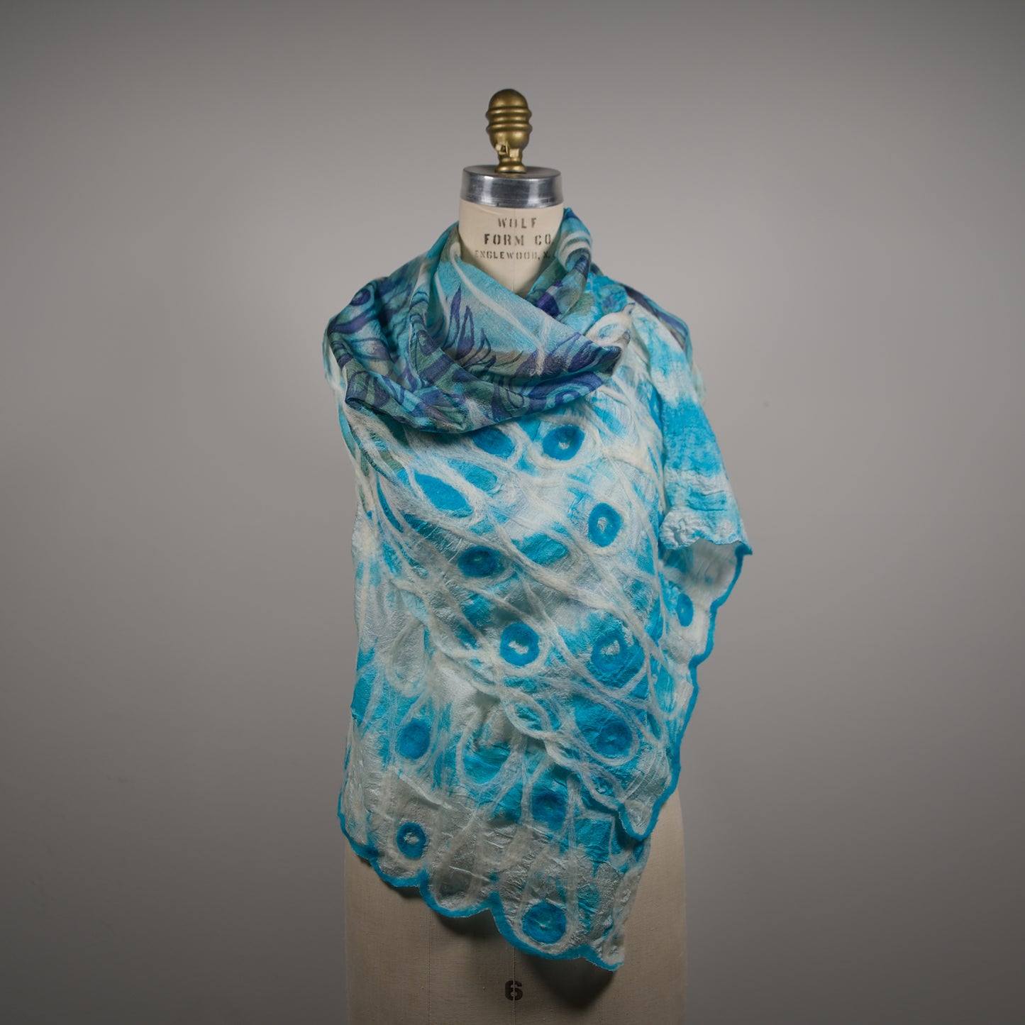 Blue and White Silk Shawl with Floral Felt Ornaments