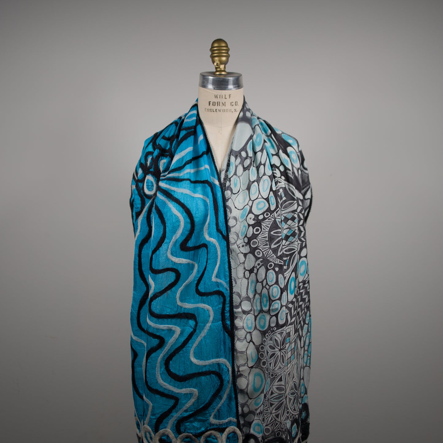 Blue and Black Silk Shawl with Geometric Felt Ornaments