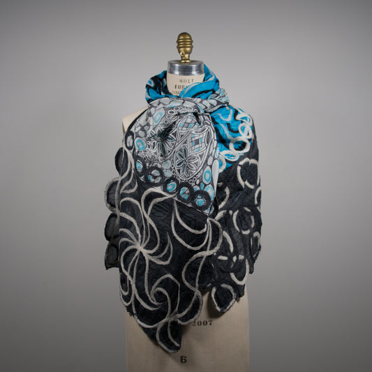 Blue and Black Silk Shawl with Geometric Felt Ornaments
