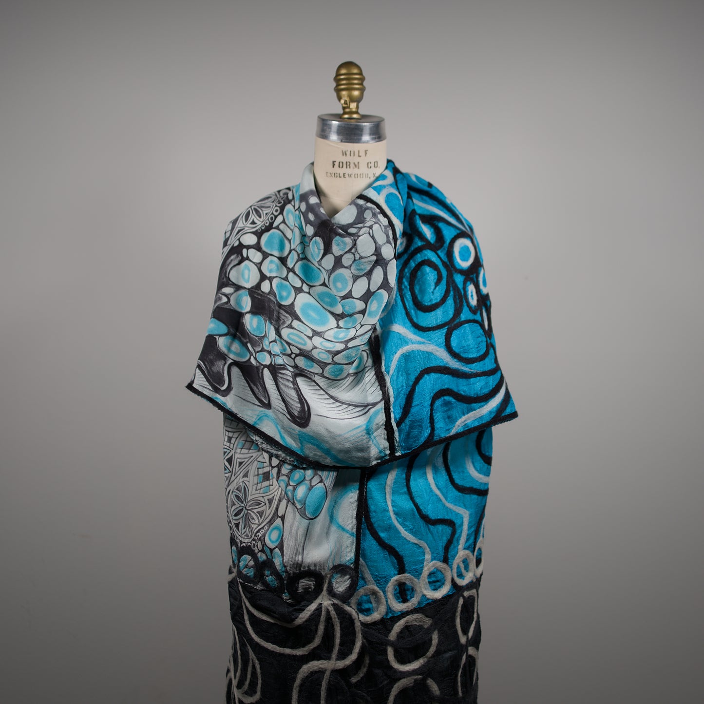 Blue and Black Silk Shawl with Geometric Felt Ornaments