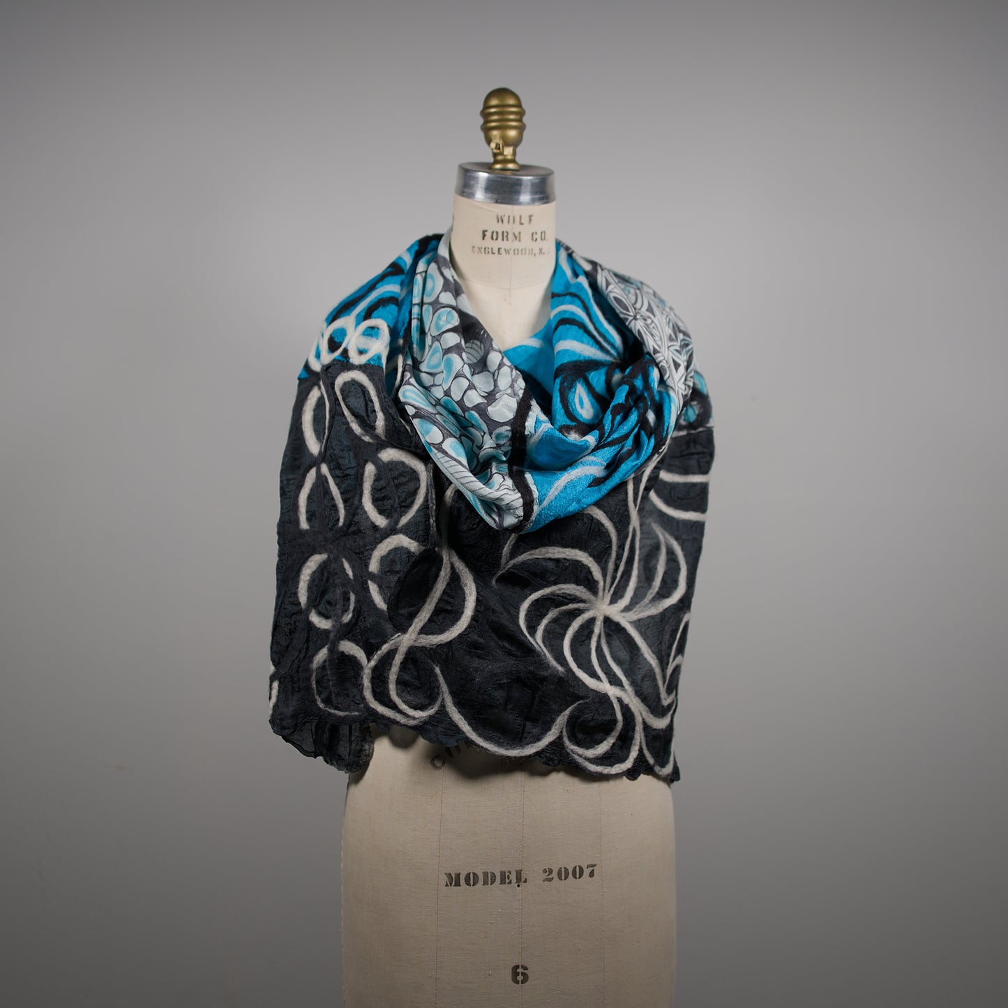 Blue and Black Silk Shawl with Geometric Felt Ornaments