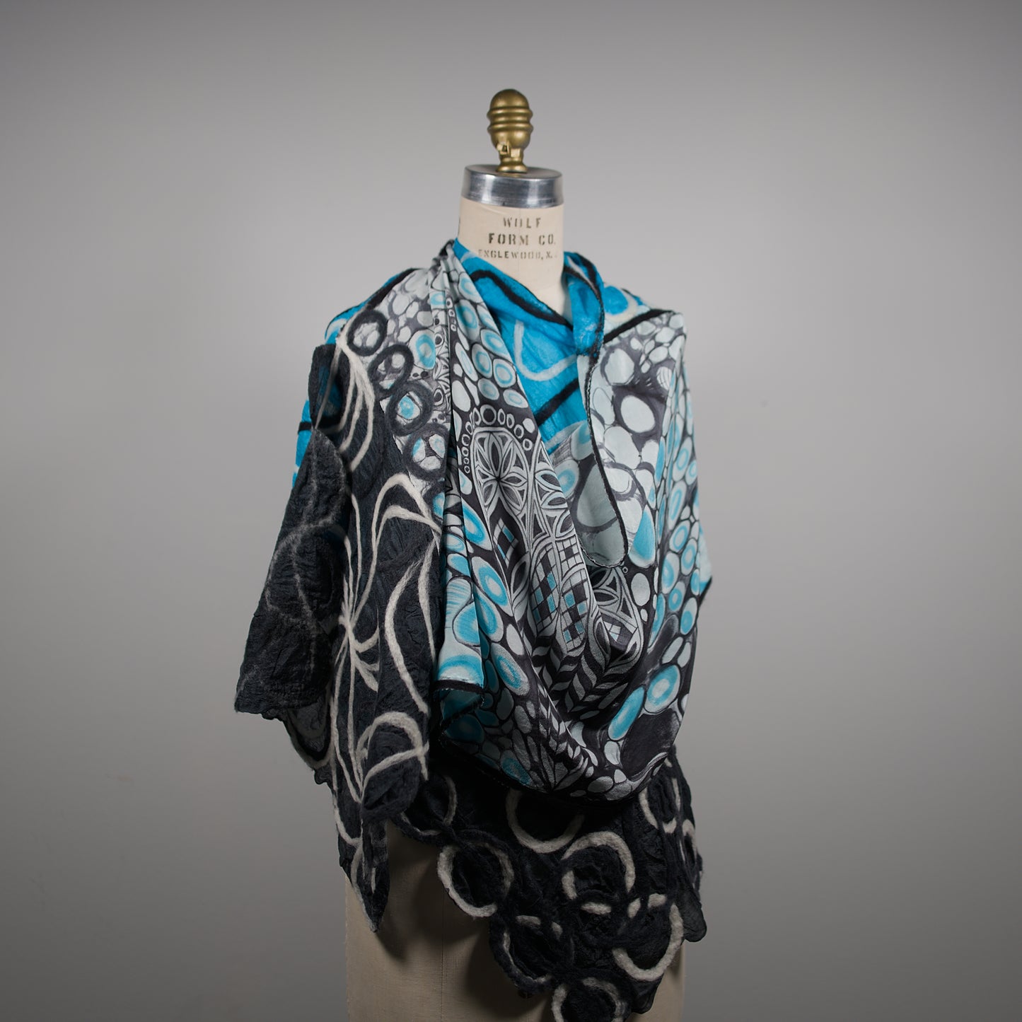 Blue and Black Silk Shawl with Geometric Felt Ornaments